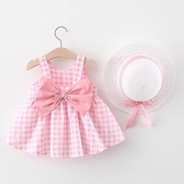 2021 Baby Girls Dress Summer Sleeveless Backless Casual Clothes with Hat Kids Floral Plaid Bow Princess Birthday Party Sundress