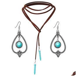 Earrings Necklace Summer Beach Leather Chain Women Feather Bead Pendant Fashion Bohemian Jewellery Sets Drop Delivery Dha1L