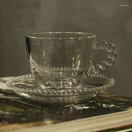 Cups Saucers Nordic Bead Handle Glass Cup Coffee Mugs Luxury Water Cafe Tea Milk Condensed Saucer Suit Set