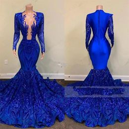 2022 African Royal Blue Sparkly Sequined Lace Bling Prom Dresses Long Sleeves Sequins Mermaid Plus Size Pageant Party Dress Formal275x