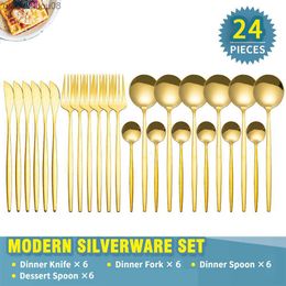 24Pcs Colorful Dinnerware Set Stainless Steel Cutlery Set Kitchen Mirror Gold Tableware Knife Fork Spoon Dishwasher Safe L230704