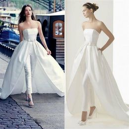 White Prom Dresses Jumpsuits With Detachable Train Pants Strapless Plus Size Evening Gowns Party Suits Dress robe de mariee221V