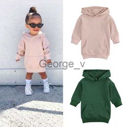 Hoodies Sweatshirts FOCUSNORM Autumn Fashion Kids Girls Hoodies Dress Outfits 15Y Solid Long Sleeve Pullover Pocket Long Length Straight Dress J230724