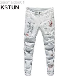 Men's Jeans White Jeans Men Fashion Trendy Embroidery Letters College Boys Slim Fit Runway Zipper Denim Pants Destroyed Ripped Jeans Black L230724