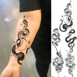 Realistic Snake Moon Forearm Temporary Tattoos For Women Adult Men Peony Serpent Fake Tattoo Body Art Waterproof Tatoos Sticker