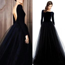 Black A-line Prom Dresses Velvet Evening Gowns 2019 Sexy Scoop Backless Formal Dresses Evening Wear Long Sleeve Special Occasion D248s