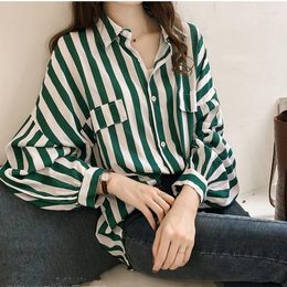 Women's Blouses 2023 Long Sleeve Striped Draping Chiffon Shirt With Pocket Large Size Loose Blouse Women 4XL Shirts Casual Woman Tops