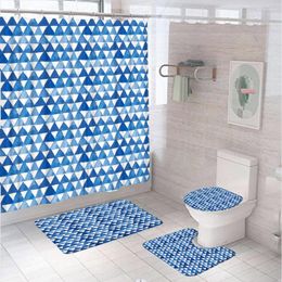 Duschvorhänge, geometrisches blaues Dreieck, abstrakte Vorhang-Sets, rutschfester Teppich, Toilettenbezug, Badematten, Batik-Kunst, Badezimmer-Dekor-Zubehör