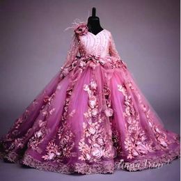 Chic Beaded Backless Little Girls Pageant Dresses Appliqued Lace Ball Gown Flower Girl Dress For Wedding Long Sleeves First Commun289A