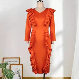 Casual Dresses Women Sexy V Neck Ruffles Bodycon Dress Long Sleeve Slim Fit Vintage Elegant Retro Party Gown Birthday Outfits Spring 2023