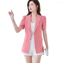 Women's Suits Pink Blazer Women Tops OL Short Sleeve Fashion Casual Suit Jacket Pocket With Pearls Office Ladies Work Coat S-4XL