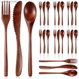 Wooden Spoon Fork Knife Cutlery Set Wooden Dinner Utensil Set Kitchen Wooden Flatware Tableware Cutlery Set (24 Pieces) L230704