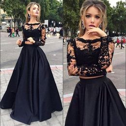 Plus Size Two Pieces Black Prom Dresses Long Sleeves A-Line Sexy Jewel Illusion Bodice Long Lace Evening Dress Party Formal Gowns 249K