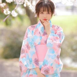 Ethnic Clothing Japanese Traditional Kimono Gown With Obi Women Printed Long Robes Oriental Pograph Yukata Geisha Stage Show Cosplay