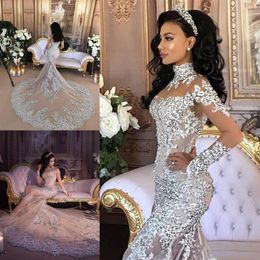 2018 Sparkly Gorgeous Mermaid Wedding Dresses Lace Appliques Sheer High Neck Bridal Gowns With Long Sleeve Appliques Crystal Custo249d
