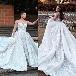 Elegant A Line Wedding Dress Sexy Sheer Neck 3D Flowers Bridal Gowns Custom Made Long Sleeve Plus Size Beach Bride Robes