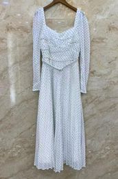 Casual Dresses 2023 Spring Long Dress High Quality Ladies Sexy Square Collar Polka Dot Prints Sleeve White Party Pleated