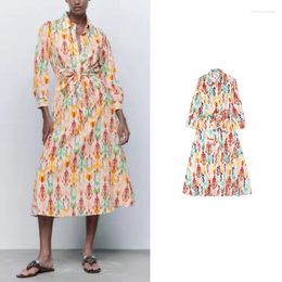 Casual Dresses Vintage Geometric Print Long Shirt Dress Women Single Button Sashes A-Line Female Fashion 2023 Elegant Vestidos