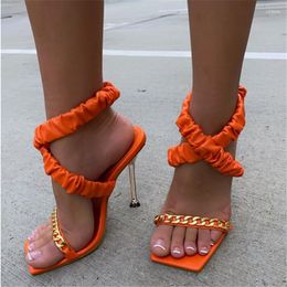 Dress Shoes Women Sexy Luxury Orange Sandals Square Toe Narrow Band Strap High Heel Party Prom Elegant Summer Women's 2023 Big Size 43