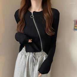 Women's Knits Y2K Two Way Cardigans Sweater Woman 2023 Jersey Long Sleeve Knit Cardigan Zipper Top Coat Solid Tricot Korean Fashion