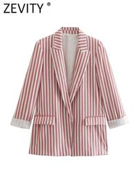 Women's Suits Blazers Zevity Women Fashion Pockets Design Striped Print Open Stitching Blazer Coat Office Lady Chic Roll Up Sleeve Suits Tops CT1870 L230724