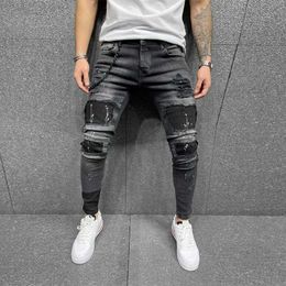 Men's Mens Jeans Streetwear Fashion Pants Elastic Skinny Slim Fit Patch Pockets Ripped for Men Vintage Black Denim Trousers 230706 L230724