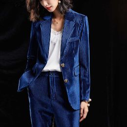 Women's Two Piece Pants Korean high-quality Corduroy winter casual jacket women's work clothes office uniform wide leg pants jacket set Z230724