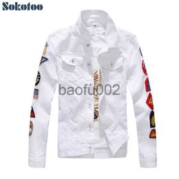 Men's Jackets Sokotoo Men's patches design slim fit denim jacket White army green patchwork coat Outerwear for man J230724