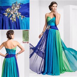 Colorful Chiffon Cheap Long Evening Dresses Multi Color Crystal Pleat Lace Up Sweetheart 2015 Prom Dress vestidos de fiesta2089