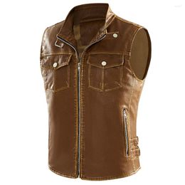 Men's Vests Sleeveless Leather Vest Short Fashion Stand Collar Solid Coat Jacket Motorcycles Punk Veste For Man Tooling Waistcoat US Size