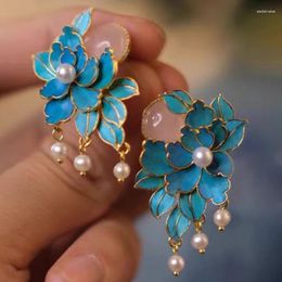 Stud Earrings In Court Style Peony Enamel For Women Natural An Jade Pearl Earings Jewellery Cheongsam Accessories