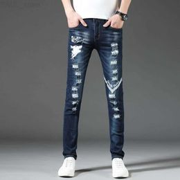 Men's Mens Jeans Spring Fashion Printed Ripped Casual Slim Comfortable High Quality Elastic Small Feet Pants 230720 L230724