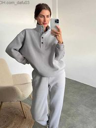 Women's Two Piece Pants 2023 winter wool Sweatshirt suit women's solid two-piece casual button stand collar loose zipper high waist sweatpants Z230724