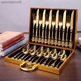 24-piece gift box non-magnetic light banquet Western tableware stainless steel knife and fork set/golden retro gift relief retro L230704