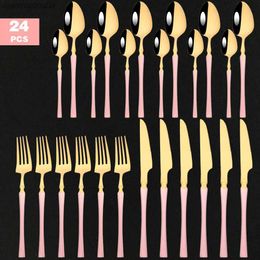 Pink Gold Cutlery Set Stainless Steel 16/24Pcs Dinner Tableware Knives Fork Spoon Dinnerware Kitchen Flatware Silverware Set L230704