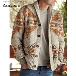 Men's Sweaters Samlona 2021 Knitting Sweater Mens Spring New Vinatge Argyle Printed Sweaters Cardigans Plus Size Male Winter Warm Clothes T230724