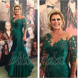 2019 Elegante Verde Escuro Mãe da Noiva Vestidos 3 4 Mangas Longas Apliques Renda Pregas Pescoço Transparente Sereia Vestidos de Noite Formais 194H