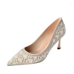 Dress Shoes 2023 Ly Comfortable And Elegant Women's Heels Pearl Lace Pointed Toe Thin Summer Wedding Bridemaids Pumps For Party Dancing