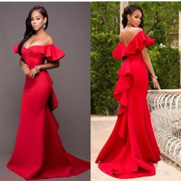 Gorgeous Red Mermaid Long Prom Bridesmaids Dresses Off the Shoulder Ruffles Backless Maid of Honor Floor Length Satin Evening Part225T