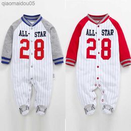 Newborn Infant Baby Boy Rompers 2022 Spring Babe Girl Clothes Long Sleeve Cotton Baseball Cartoon Footed Jumpsuit Baby Pyjamas L230712