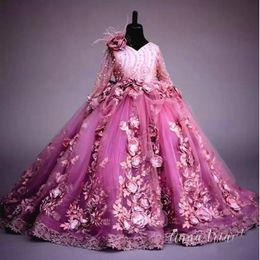 Chic Beaded Backless Little Girls Pageant Dresses Appliqued Lace Ball Gown Flower Girl Dress For Wedding Long Sleeves First Commun297l