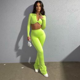 Women's Two Piece Pants Sexy V Neck Solid Set Women Casual Turn Down Collar Long Sleeve Crop Top Flare Club Tracksuit Outfits