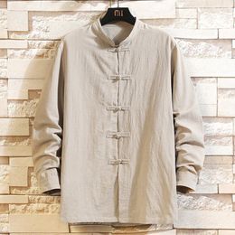 Men's Casual Shirts Linen Shirt Chinese Long-sleeved Retro Button-down Solid Colour Loose Large Yard Tops Breathable Sweatshirt