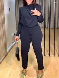 Women's Two Piece Pants Women Pieces Set Blouse Shirt Long Sleeves High Waist Trousers Office Ladies Elegant Suit Work Wear African Modest