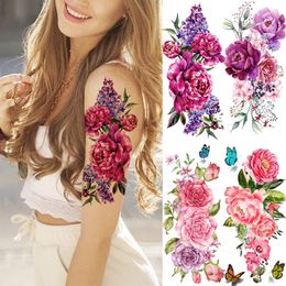 Watercolour Peony Flower Temporary Tattoos For Women Adult Girl Rose Butterfly Fake Tattoo Stylish Waterproof Arm Tatoos Sticker