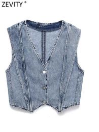 Women's Jackets Zevity 2023 Women Fashion V Neck Buttons Short Washed Denim Vest Jacket Office Ladies Sleeveless WaistCoat Summer Tops CT4437 L230724