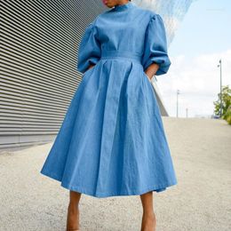 Casual Dresses 2023 Air Solid Quality Commuter Blue Mid Length Dress High Waist Bubble Sleeves Large Size Fairy