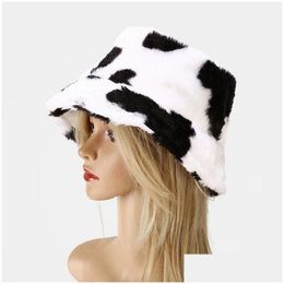 Stingy Brim Hats Outdoor Casual Faux Fur Winter For Women Black White Cow Print Bucket Hat Men Fisherman Cap Drop Delivery Fashion A Dhsuw