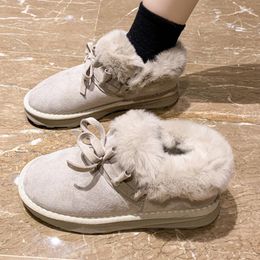 Dress Shoes Snow Boots Women 2023 Suede Lace Up Ankle Warm Fashion Ladies Fur Bow Flat Round Head