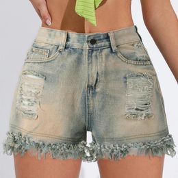 Women's Shorts Women Summer Ripped Denim High Waist Fringed Edge A Line Pants